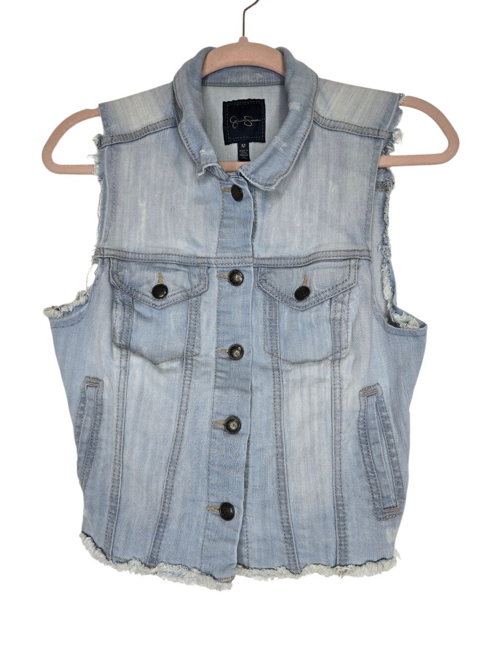Jessica Simpson denim vest with light wash finish and frayed armholes